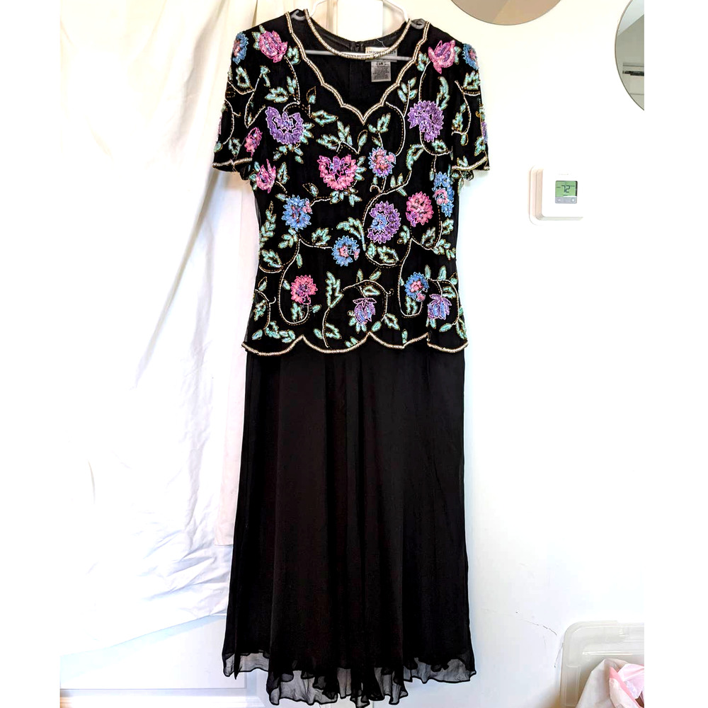 adrianna papell evening 100% silk dress 14 beaded